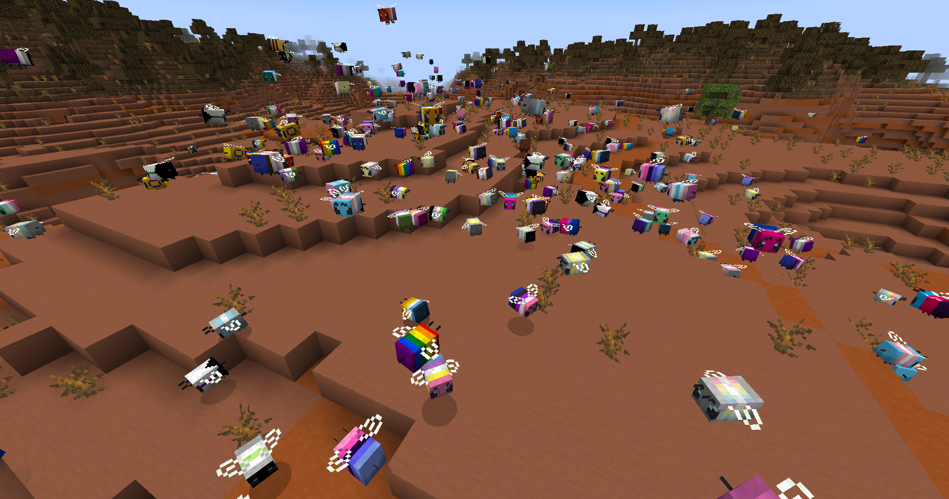 A flock of pride colored bees flying around a mesa biome